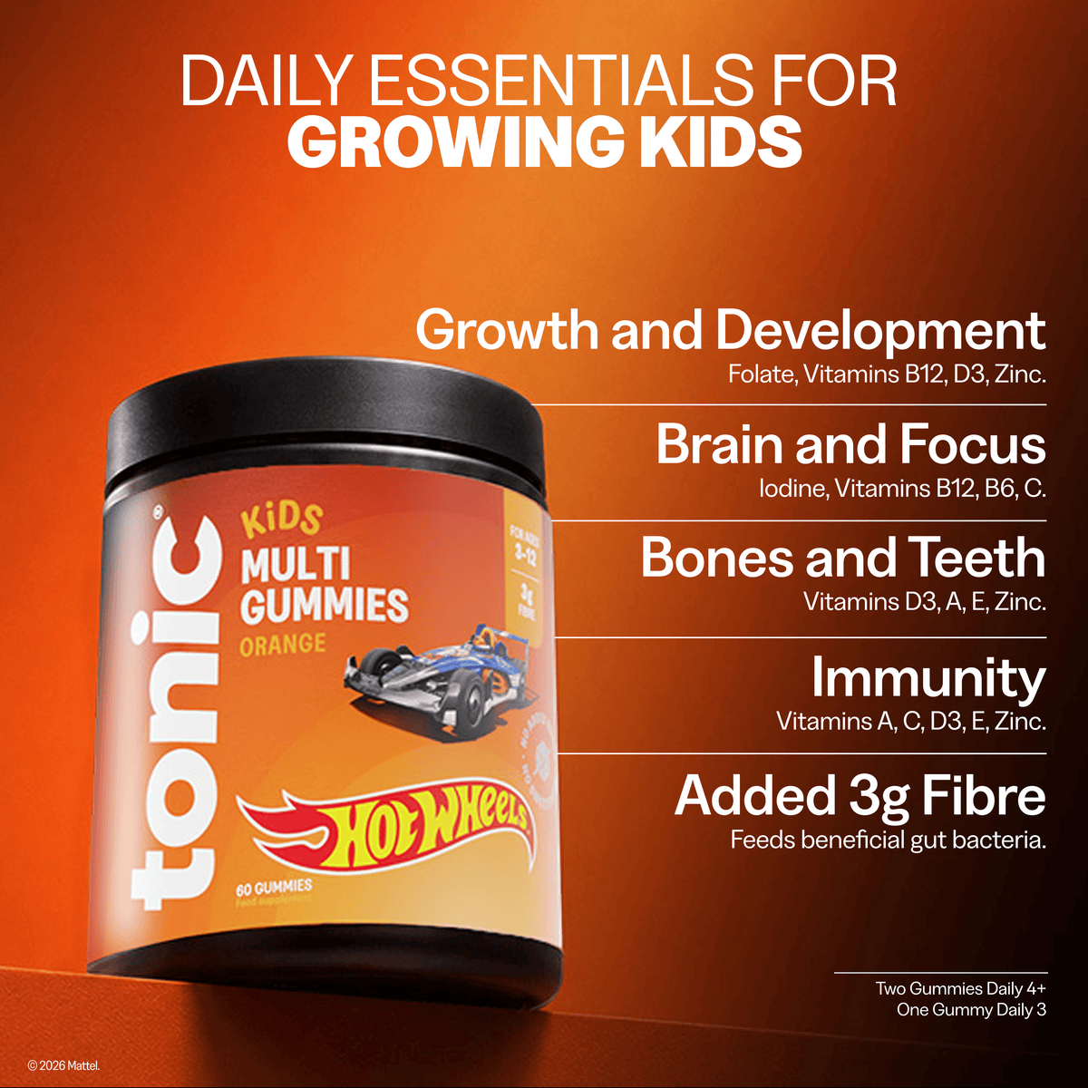 A jar of Tonic Kids Multi Gummies Orange is shown on a warm orange background with promotional text listing benefits for kids: growth and development, brain and focus, bones and teeth, immunity, and added 3g fibre. The label also shows a Hot Wheels logo.