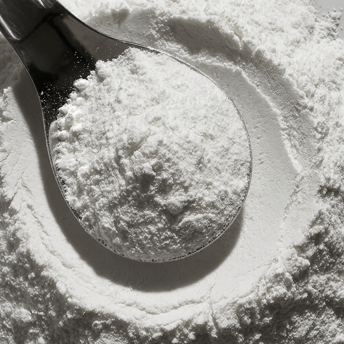 A close-up of Creatine powder, with a metal spoon holding a heaped portion in the centre.
