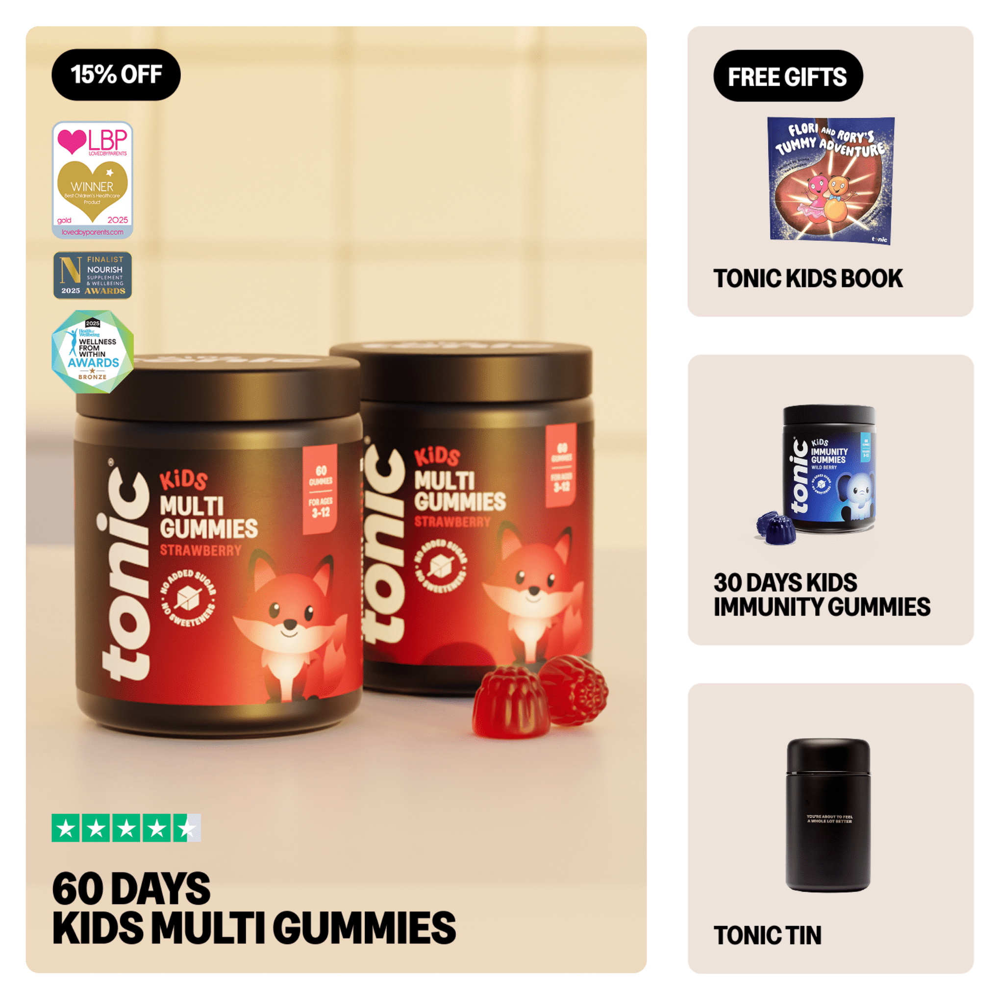 Tonic Health Strawberry Kids Multi Gummies - 2 Months Tonic Health Kids Multivitamin Strawberry Vitamin Gummies