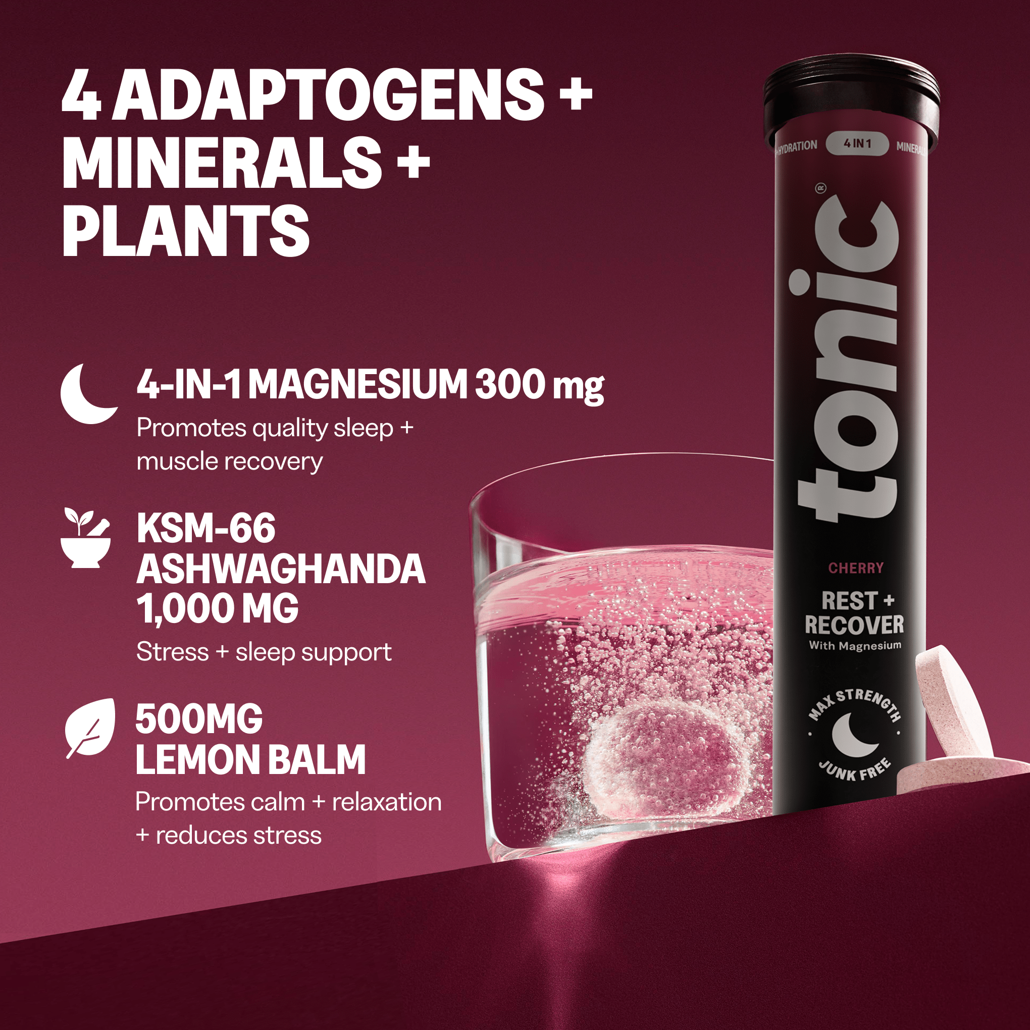 Tonic Health Rest + Recover | 20 Day Supply | 1 Tube Rest & Recover - 4-in-1 Clean Magnesium formula