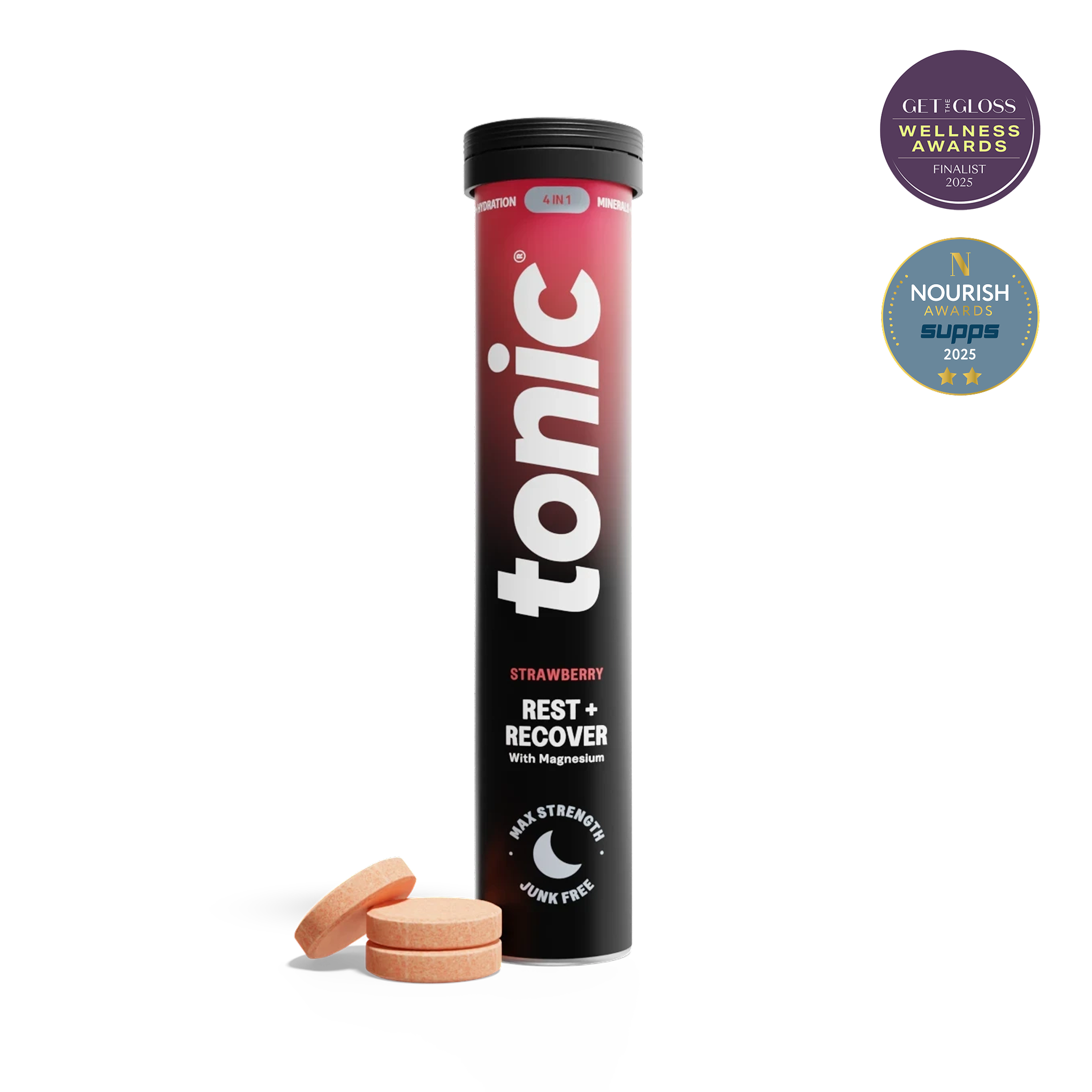Tonic Health Strawberry Rest + Recover | 20 Day Supply | 1 Tube Rest & Recover - 4-in-1 Clean Magnesium formula