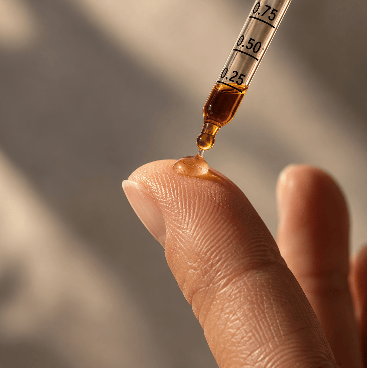 A close-up of a glass dropper dispensing Tonic Baby Vitamin D3 Drops onto a human fingertip, with the finger and part of another hand visible against a softly lit neutral background.