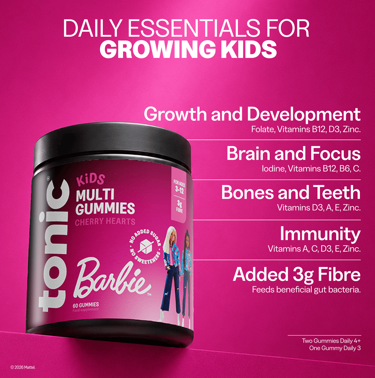 A jar of Barbie Kids Multi Gummies on a bright pink background with text detailing the daily benefits of the gummies for kids' growth, brain and focus, bones, immunity, and fibre intake.