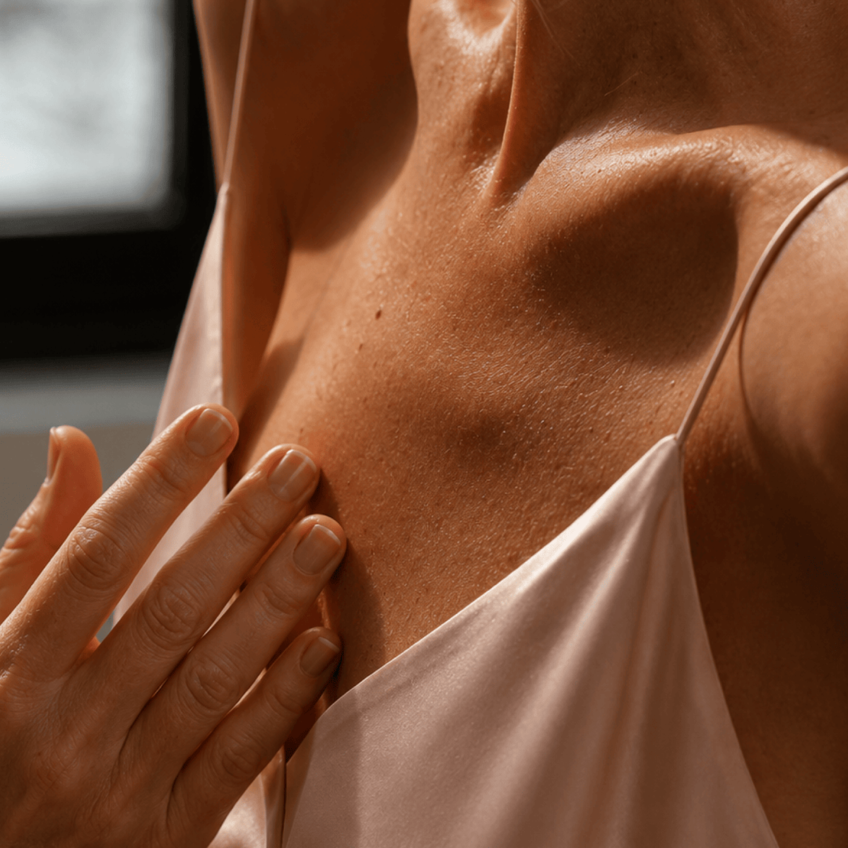Close-up of a woman wearing a pale blush pink satin camisole, with one hand touching the fabric near the chest.