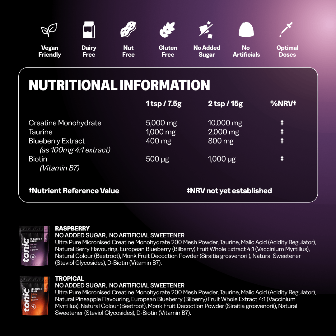 Tonic Health Creatine + Brain Creatine Monohydrate Powder | Taurine & Biotin | Tonic Health
