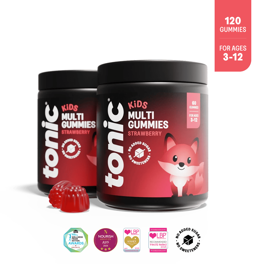 Two jars of Tonic Kids Multi Gummies strawberry multivitamins, 120 gummies for ages 3–12, with no added sugar, no sweeteners badge and 2025 award logos