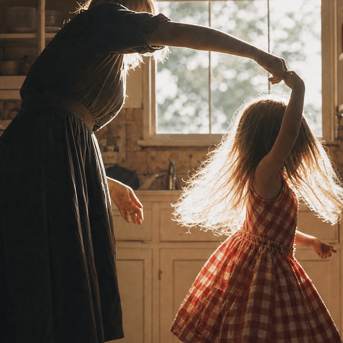A mum in a dark dress and her daughter in a red-and-white gingham dress dancing in a sunlit kitchen. The girl is turned away from the camera, with bright backlighting creating a halo around her hair.