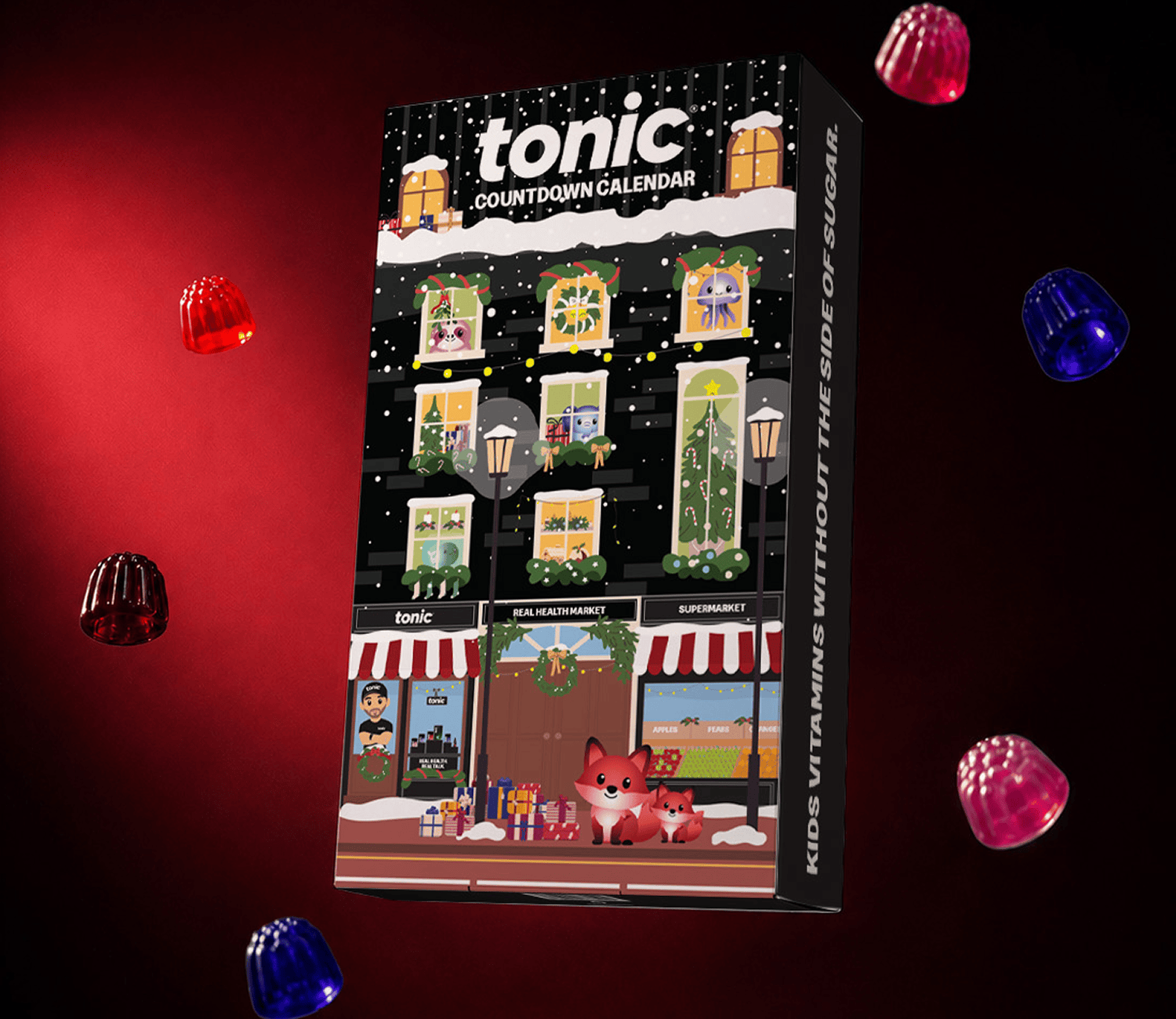 A boxed Tonic Countdown Calendar product shown upright against a dark red and black background, surrounded by floating gummies. The package features illustrated holiday storefront windows, snow, a fox, and the Tonic brand name at the top.