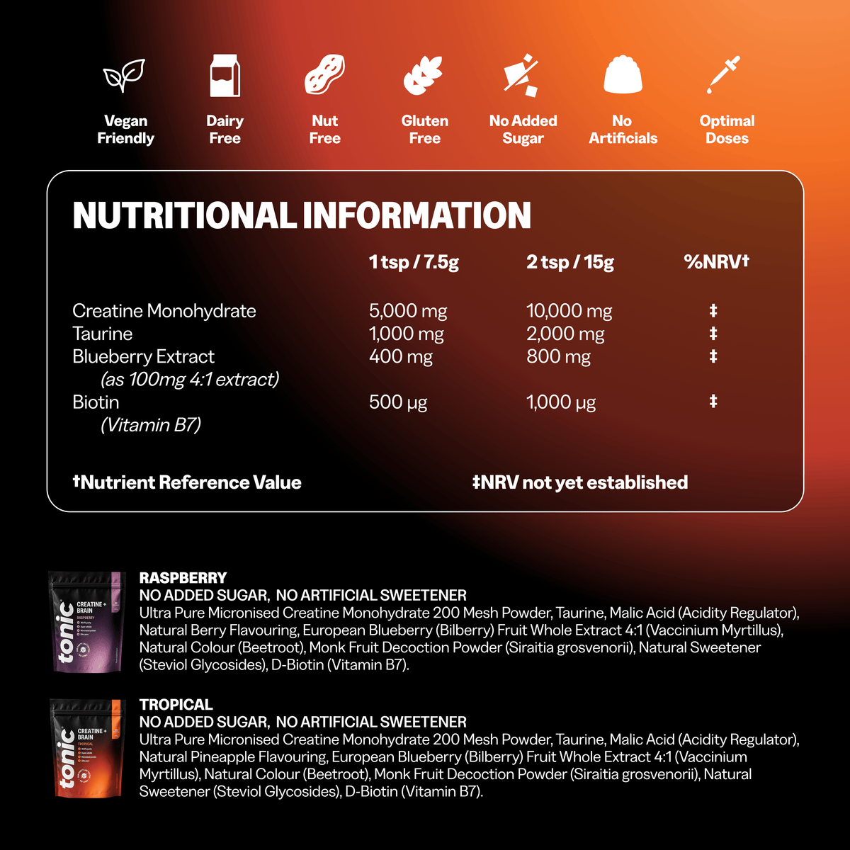 Tonic Health Creatine + Brain Creatine Monohydrate Powder | Taurine & Biotin | Tonic Health