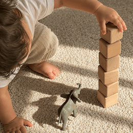 A child wearing a white shirt and beige pants is kneeling on a beige carpet, stacking light wood blocks in a tower next to a small gray elephant toy.