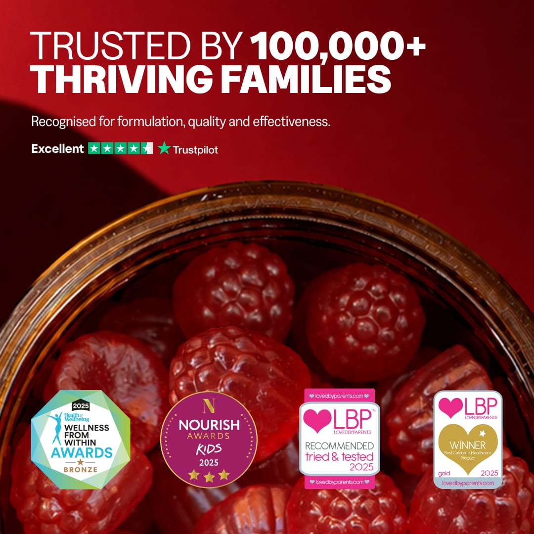 Bowl of strawberry kids multivitamin gummies. Trusted by 100,000+ families, rated Excellent on Trustpilot, with 2025 Health & Wellbeing, Nourish Kids and Loved By Parents awards