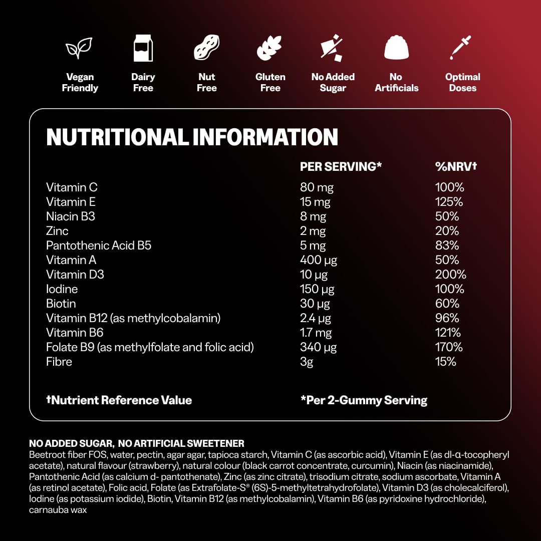 Tonic Kids Multi Gummies nutritional information per 2-gummy serving, including vitamin C, D3, B12, folate and iodine, with vegan, dairy-free, nut-free, gluten-free and no added sugar icons
