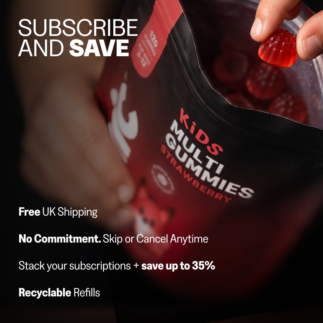 Hand taking a gummy from a Tonic Kids Multi Gummies refill pouch. Subscribe and save: free UK shipping, skip or cancel anytime, save up to 35% when stacking subscriptions, recyclable refills